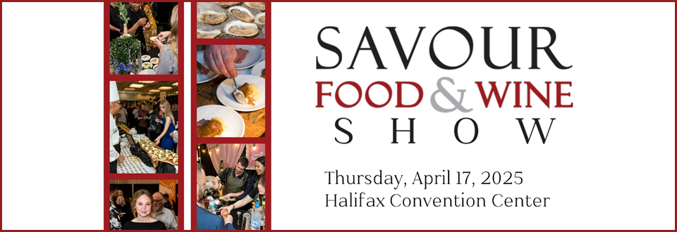 Images of people attending the event in previous years with text: Savour Food & Wine Show. Thursday, April 17, 2025. Halifax Convention Centre.