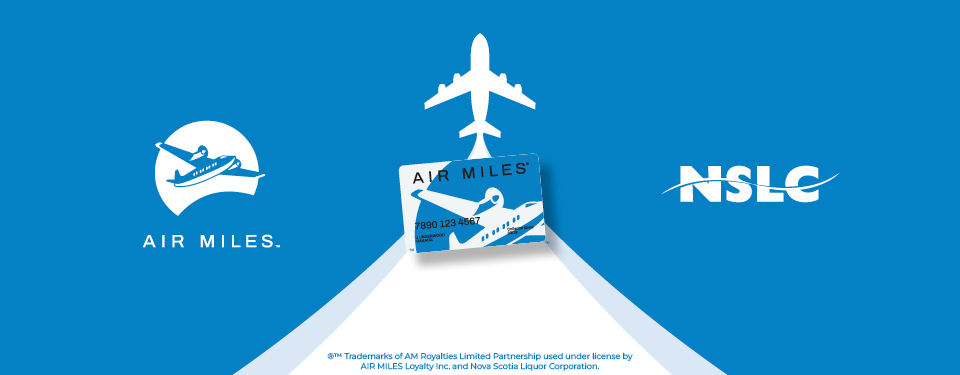 Blue background with airplane and Airmiles card. Image features both the Airmiles and NSLC logo.